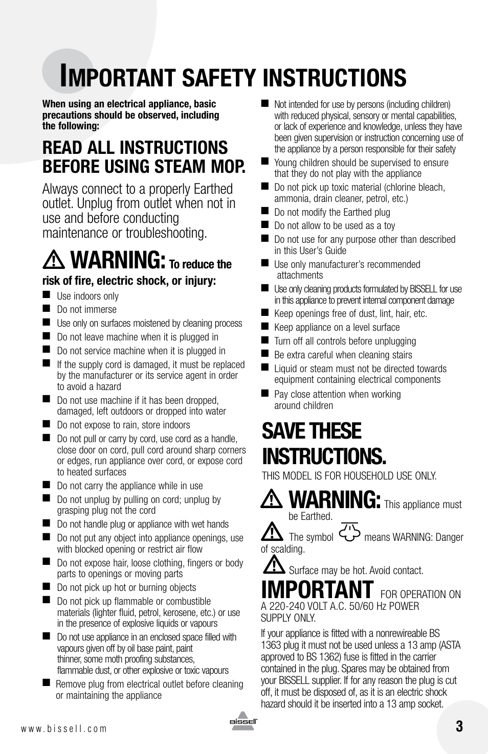 Warning, Important, Mportant safety instructions | Save these instructions, Read all instructions before using steam mop | Bissell 65A8 User Manual | Page 3 / 12