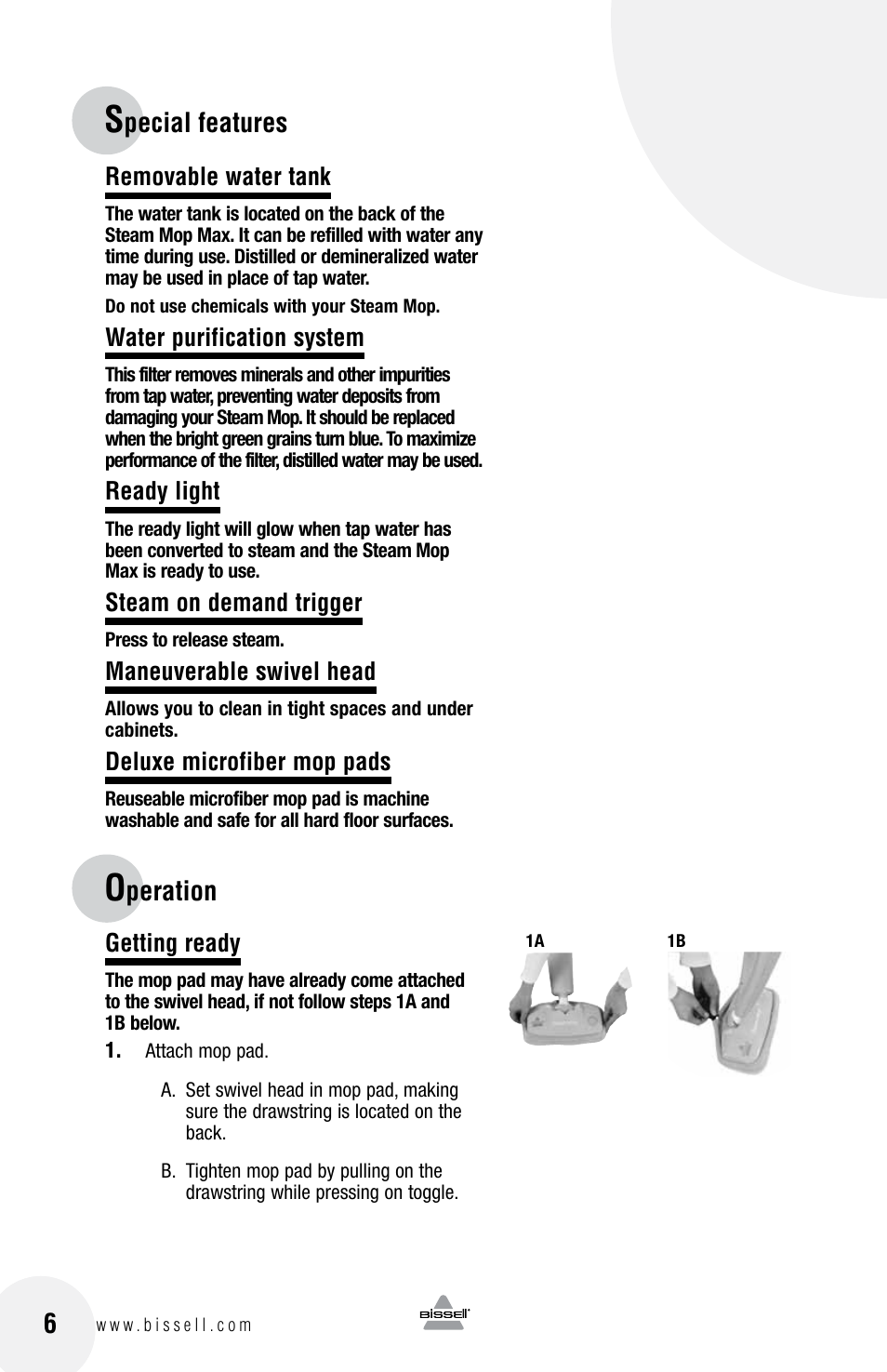 Peration 6, Pecial features | Bissell 65A8 User Manual | Page 6 / 12