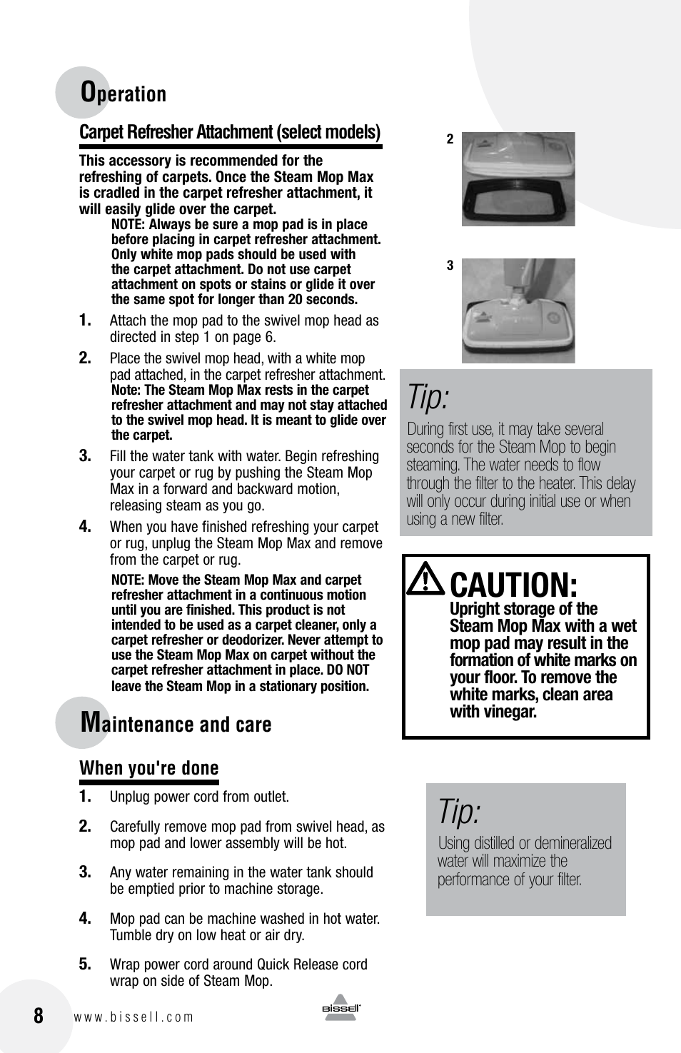 Caution, Peration, Aintenance and care | Bissell 65A8 User Manual | Page 8 / 12