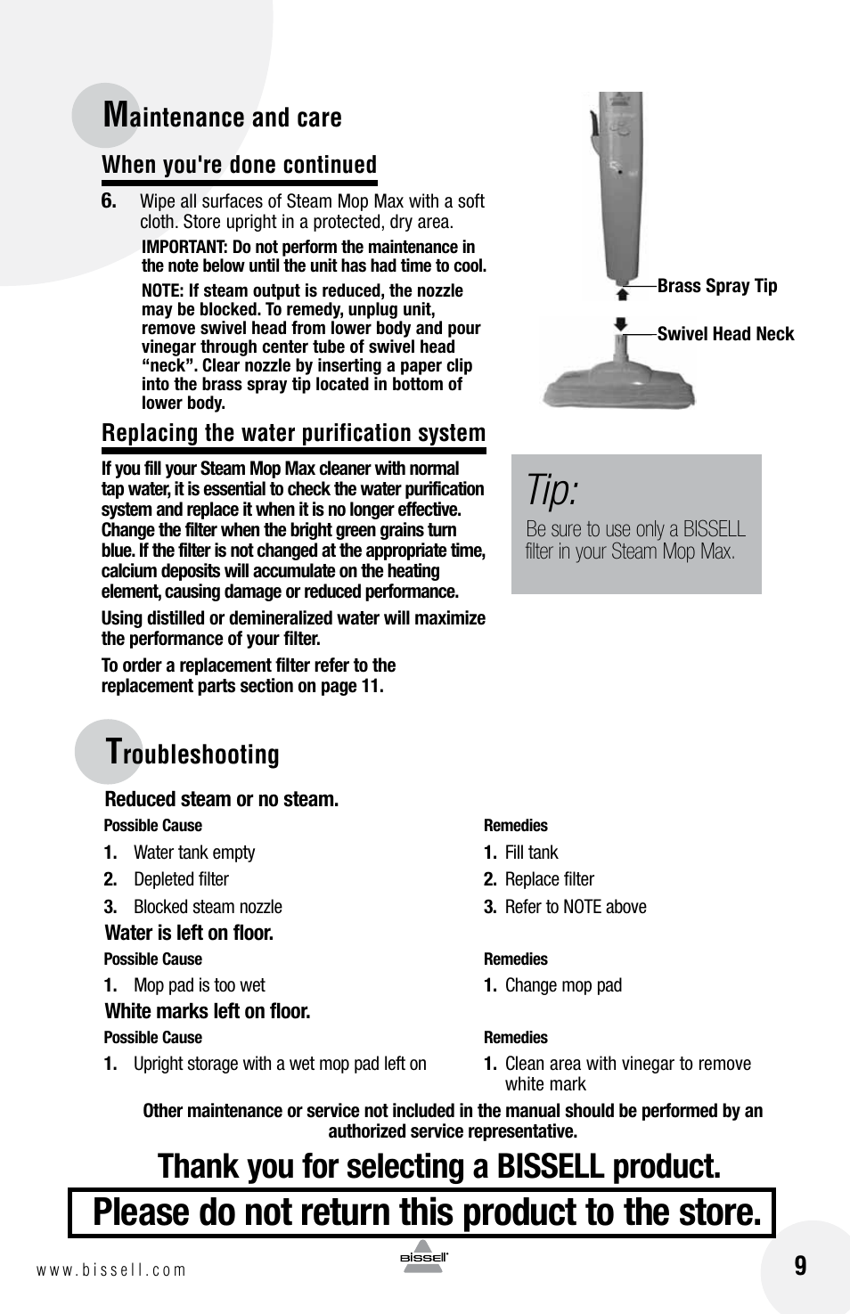 Please do not return this product to the store, Roubleshooting, Aintenance and care | Bissell 65A8 User Manual | Page 9 / 12