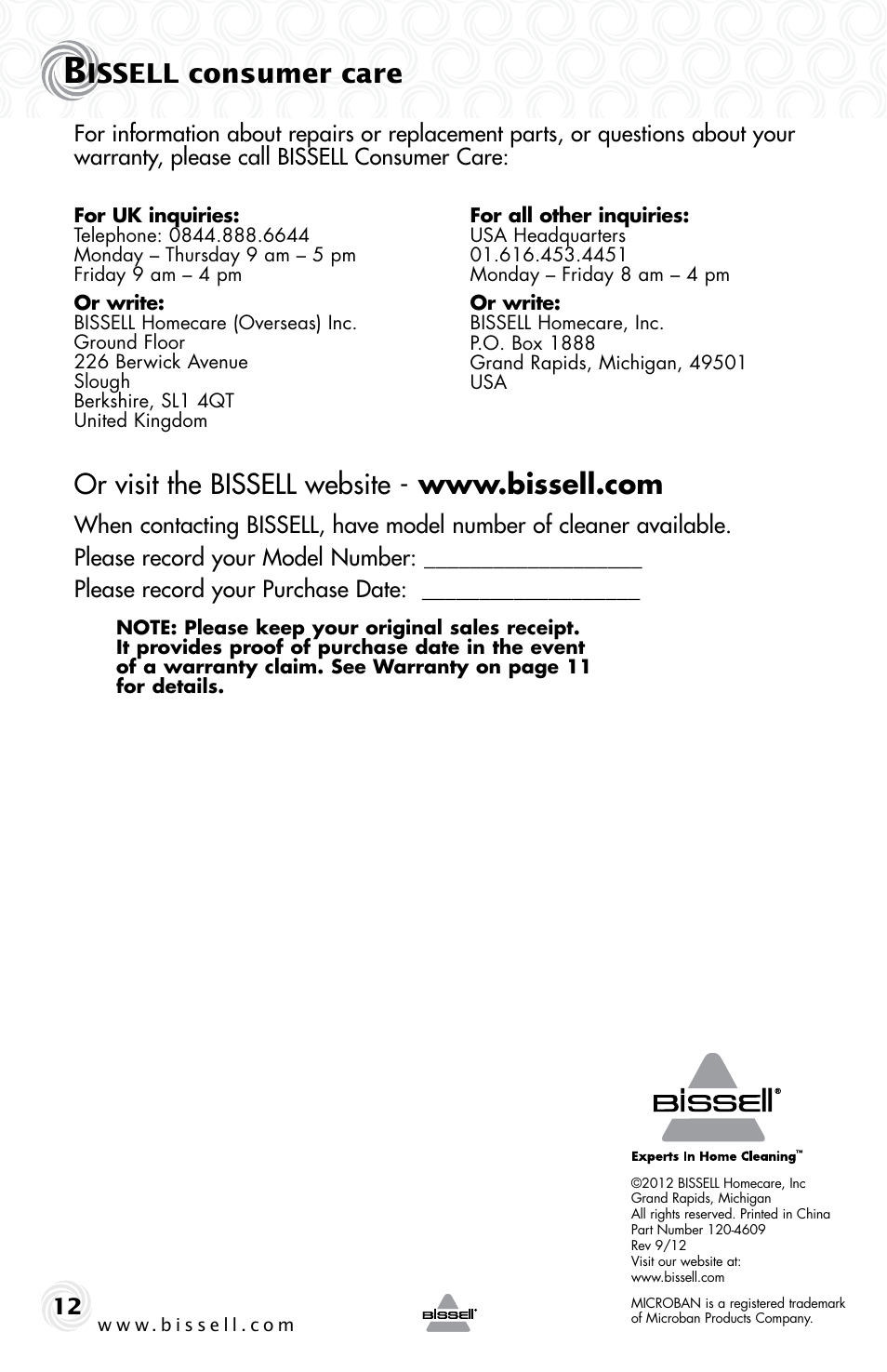 Issell consumer care | Bissell 1005E User Manual | Page 12 / 12