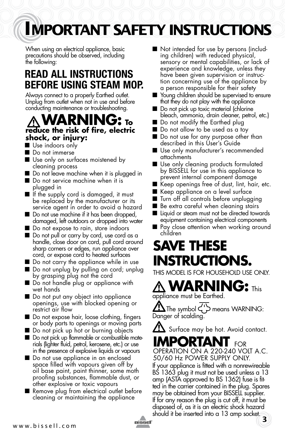 Mportant safety instructions, Warning, Save these instructions | Important, Read all instructions before using steam mop | Bissell 1005E User Manual | Page 3 / 12