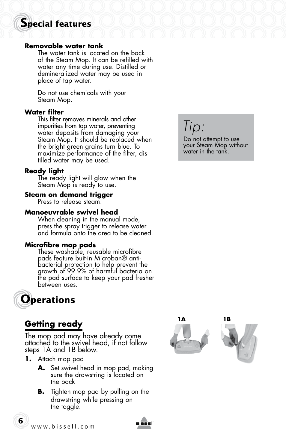 Perations, Pecial features, Getting ready | Bissell 1005E User Manual | Page 6 / 12