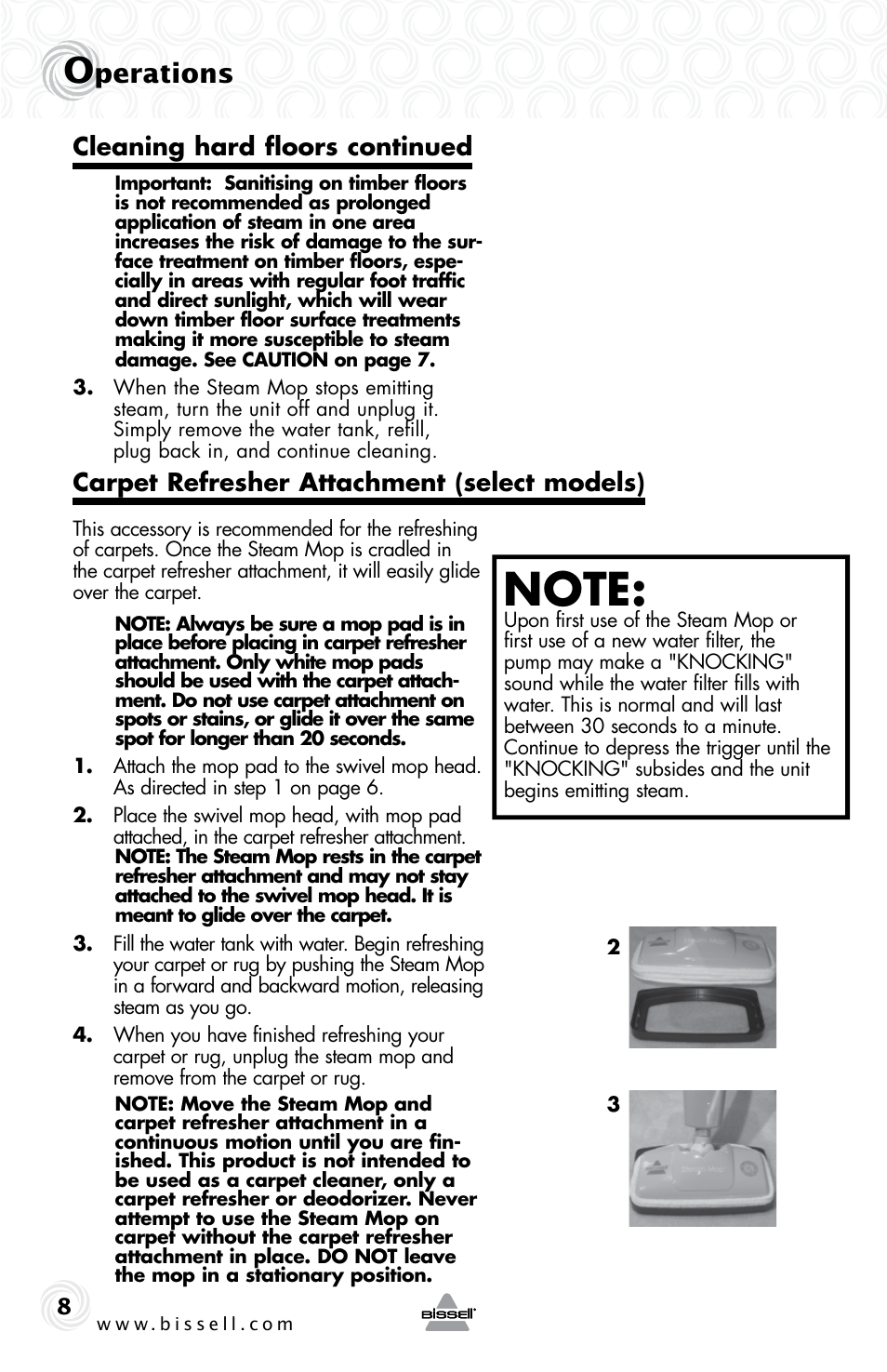 Perations, Cleaning hard floors continued, Carpet refresher attachment (select models) | Bissell 1005E User Manual | Page 8 / 12