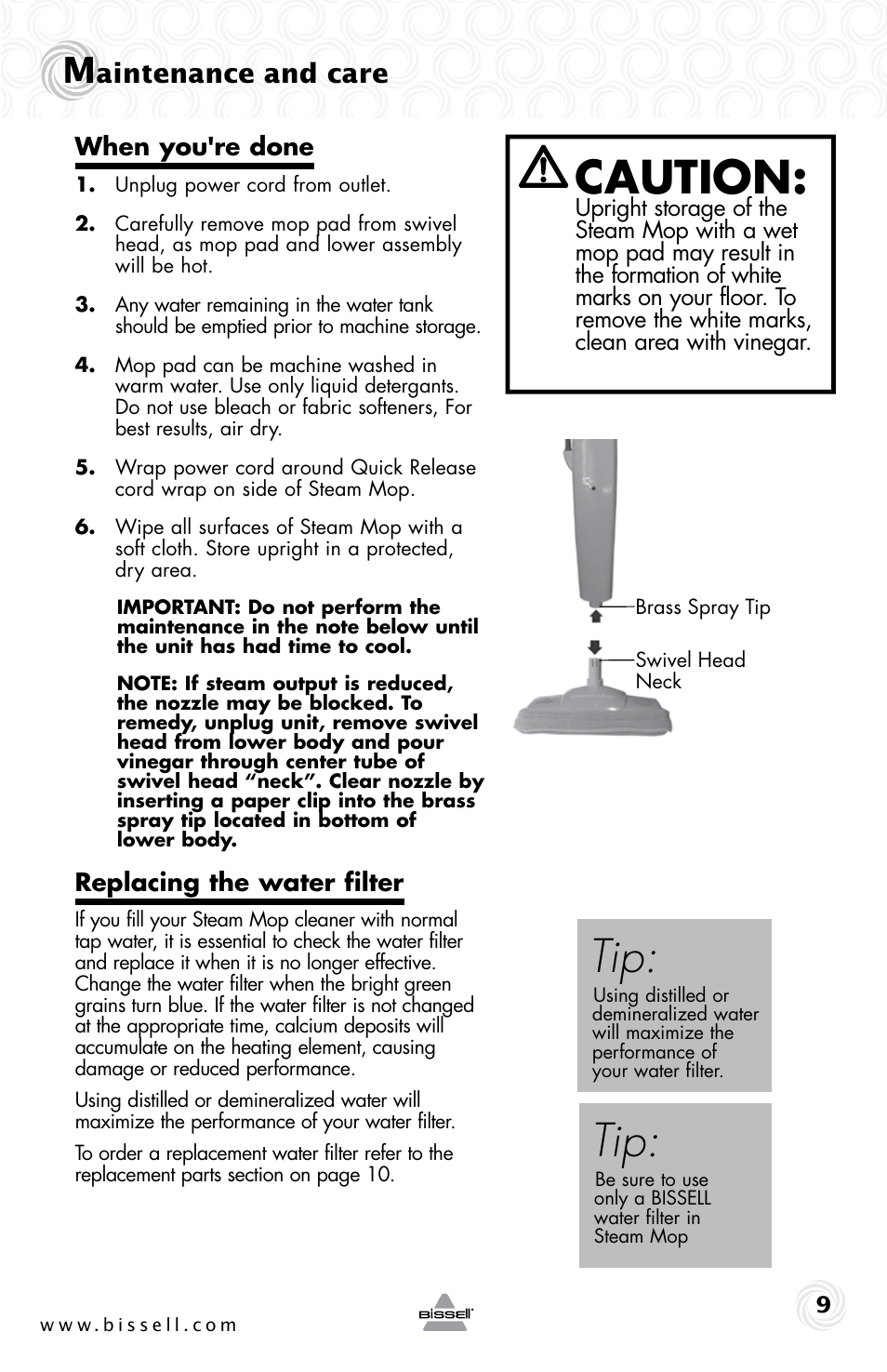 Caution, Aintenance and care | Bissell 1005E User Manual | Page 9 / 12