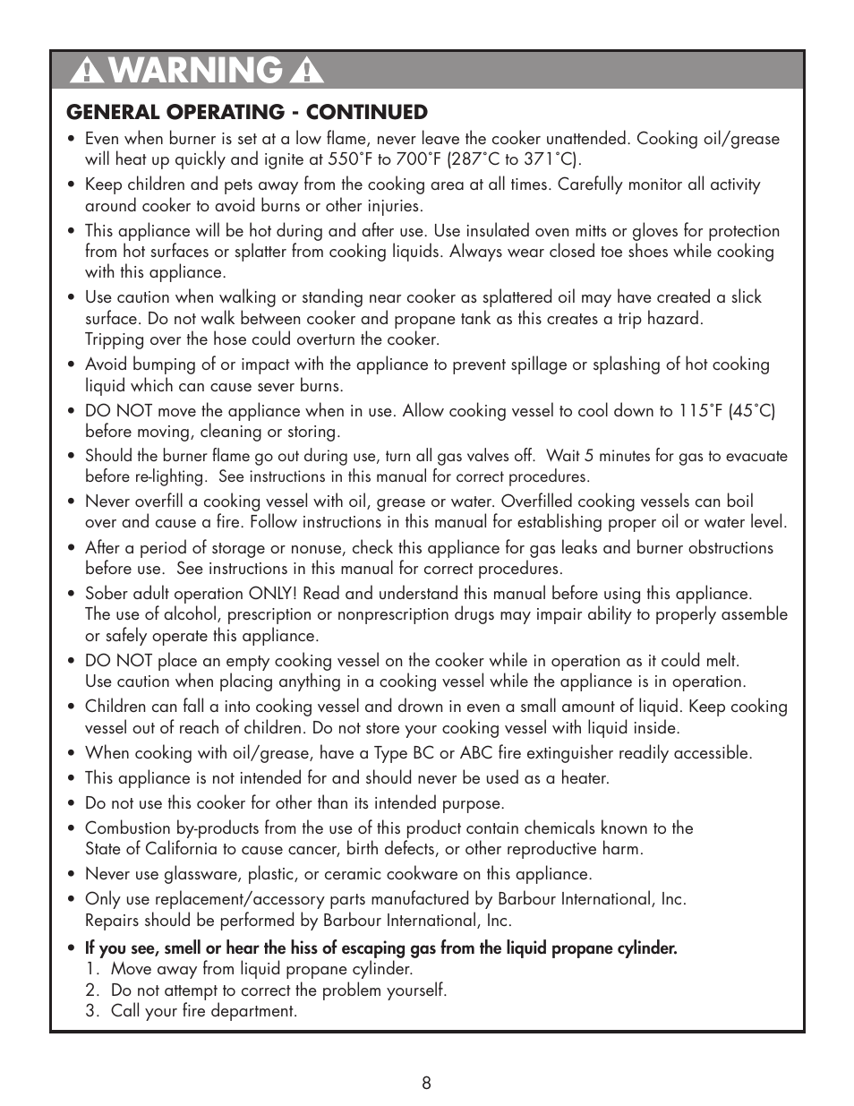 Warning | Bayou Classic SP10 User Manual | Page 10 / 36