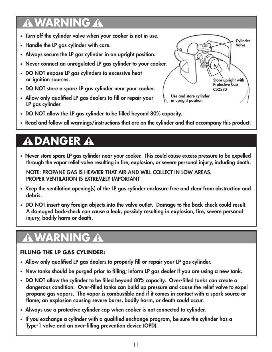 Warning, Danger | Bayou Classic SP10 User Manual | Page 13 / 36