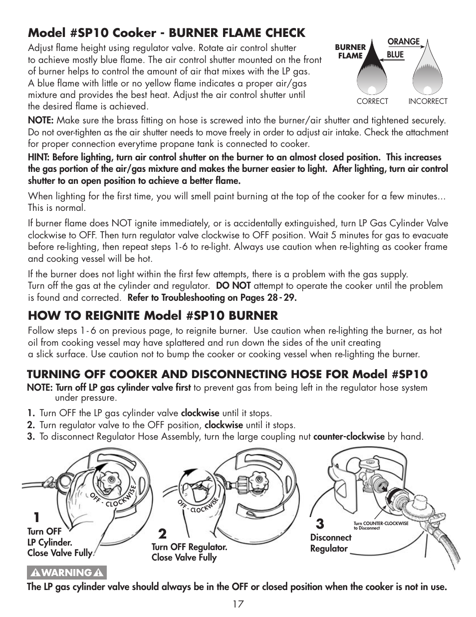 Model #sp10 cooker - burner flame check, How to reignite model #sp10 burner | Bayou Classic SP10 User Manual | Page 19 / 36