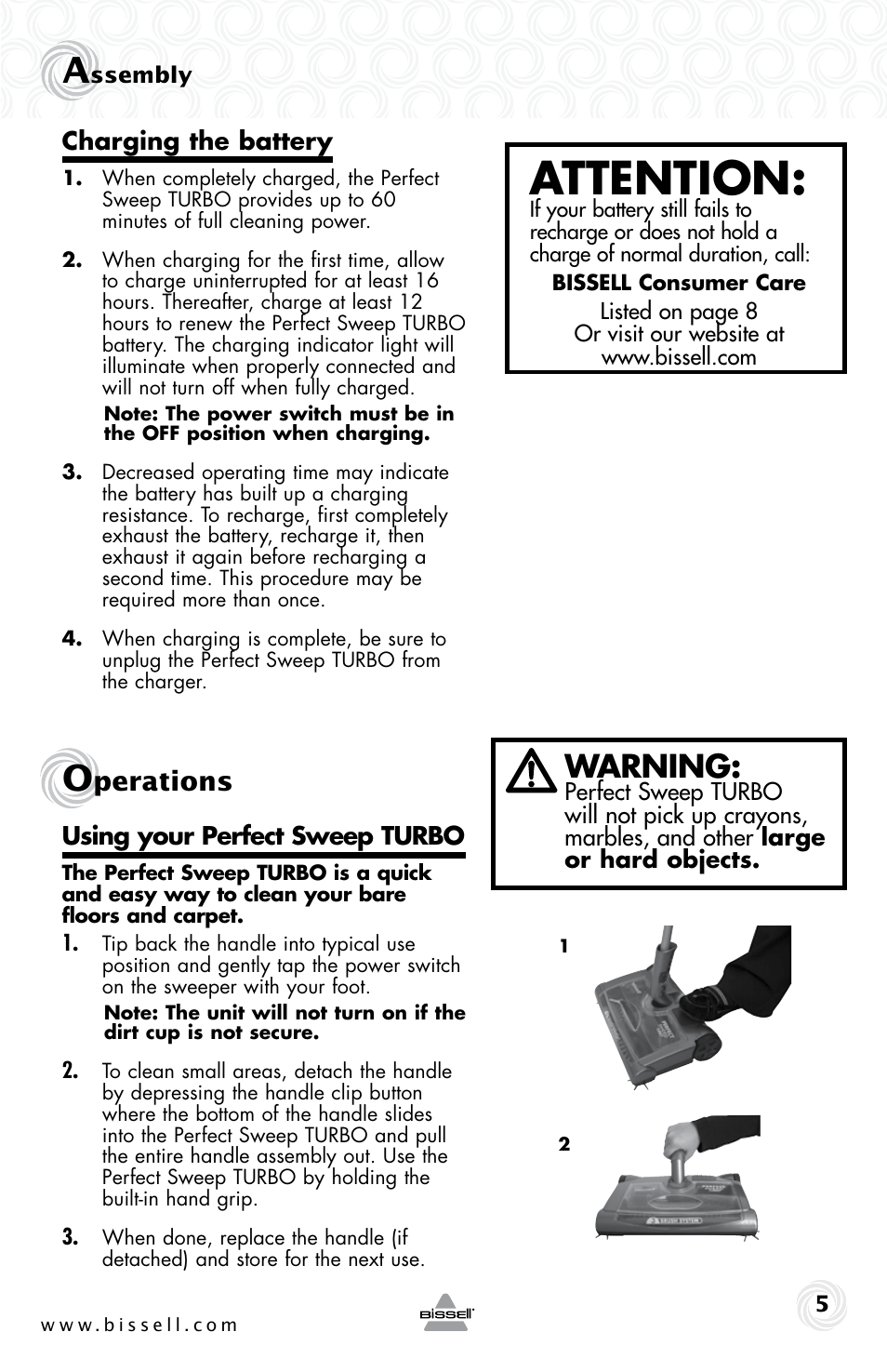 Attention, Warning, Perations | Bissell 29L6E User Manual | Page 5 / 8
