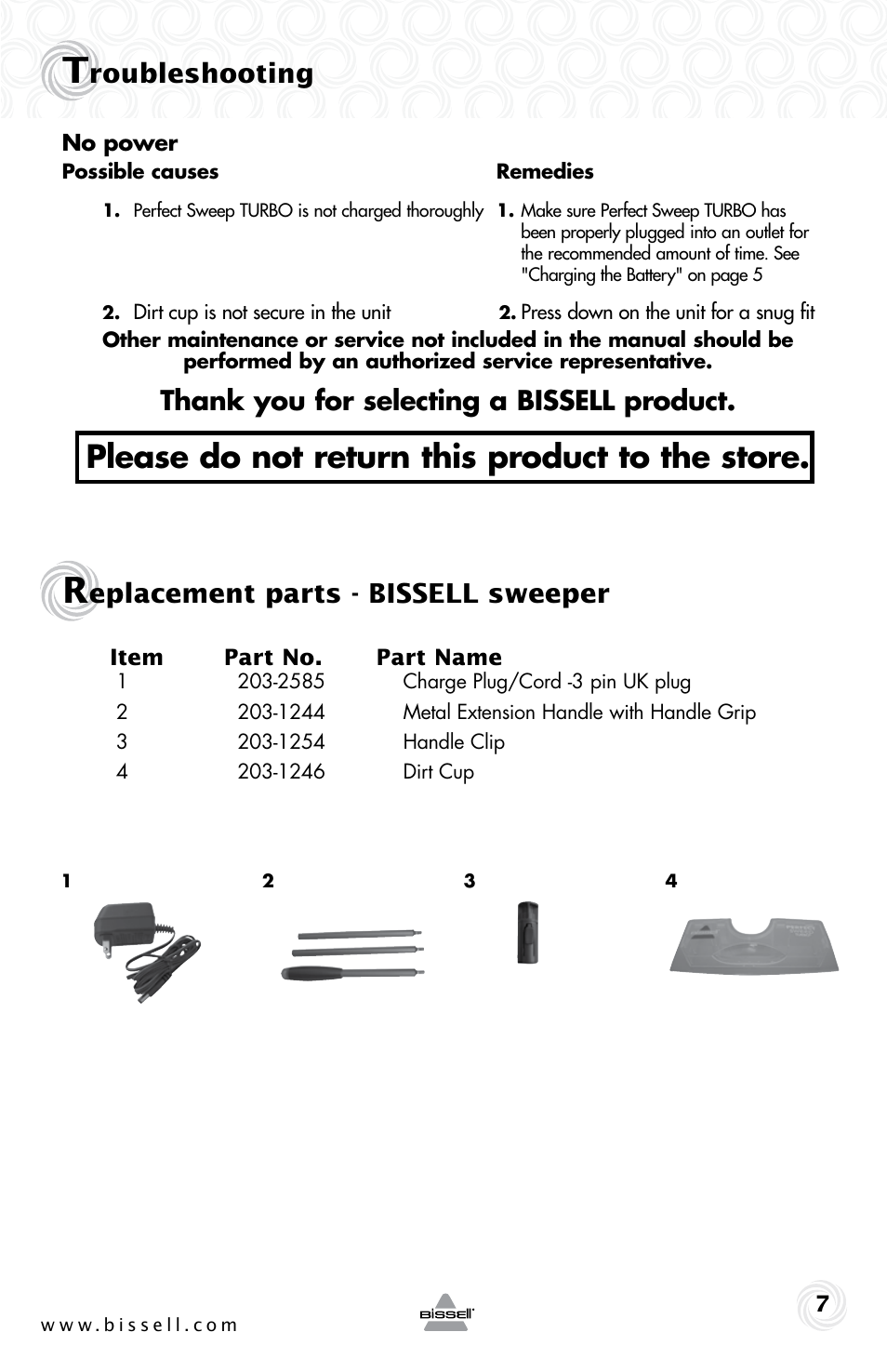 Please do not return this product to the store, Roubleshooting, Eplacement parts - bissell sweeper | Bissell 29L6E User Manual | Page 7 / 8