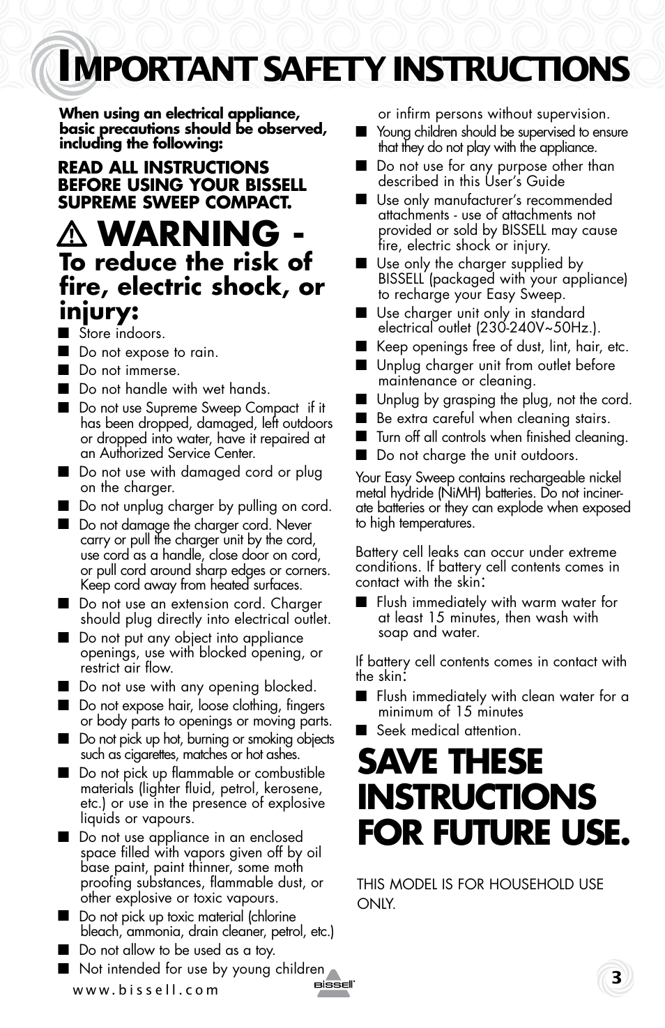 Mportant safety instructions, Warning, Save these instructions for future use | Bissell 36U3 User Manual | Page 3 / 8