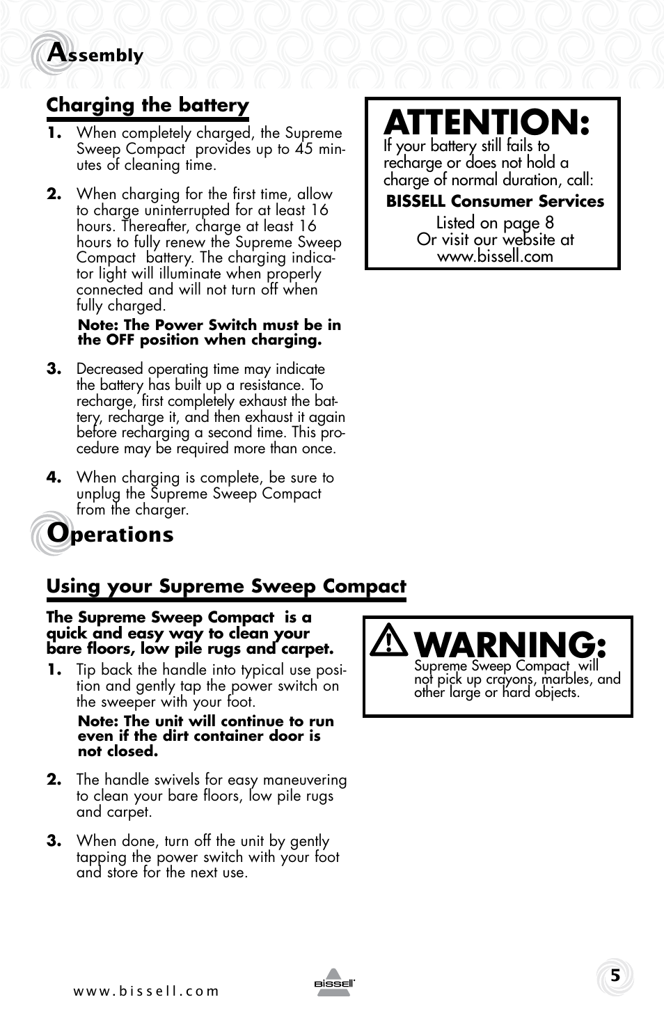 Warning, Attention, Perations | Bissell 36U3 User Manual | Page 5 / 8