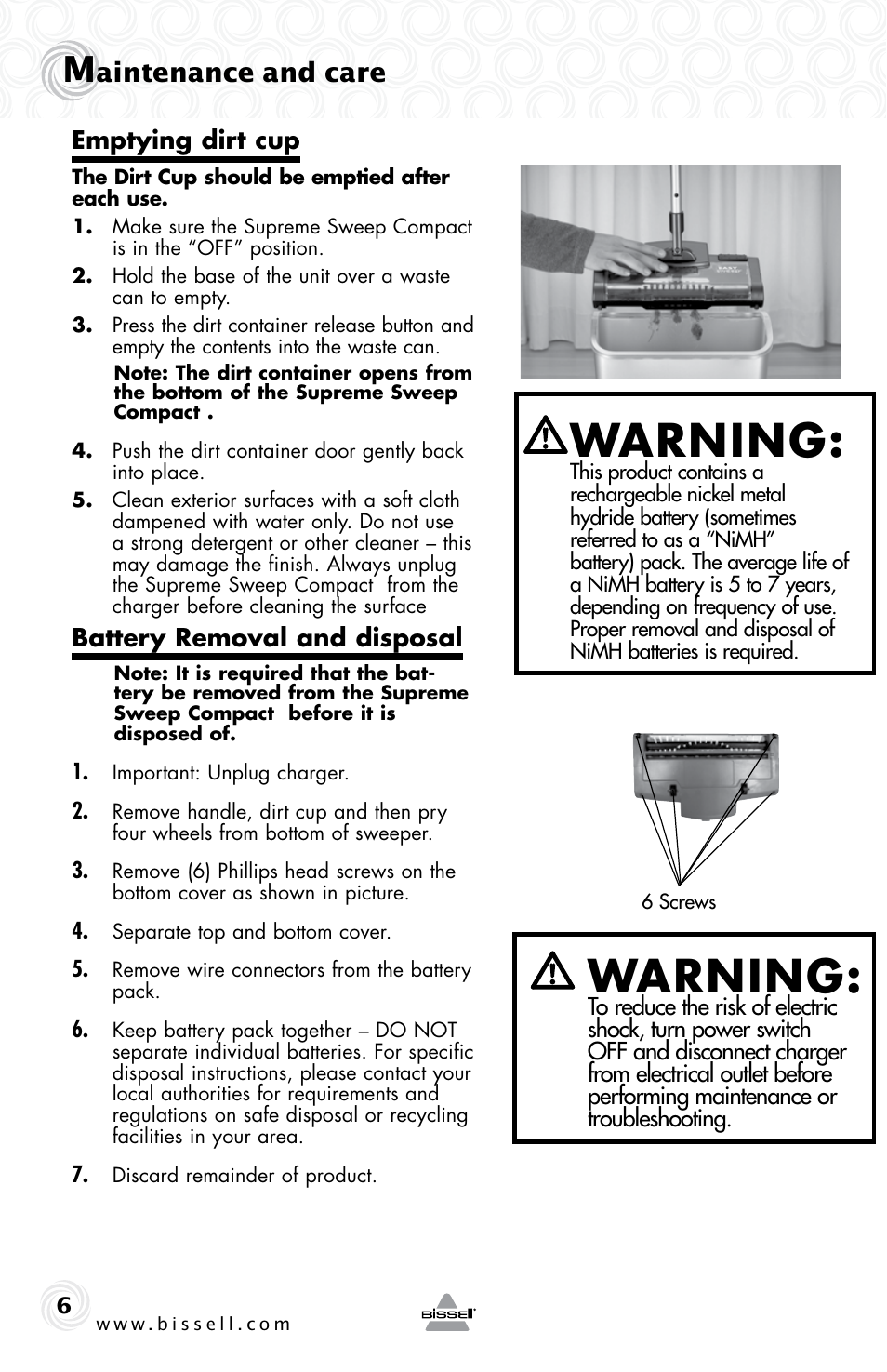 Warning, Aintenance and care | Bissell 36U3 User Manual | Page 6 / 8