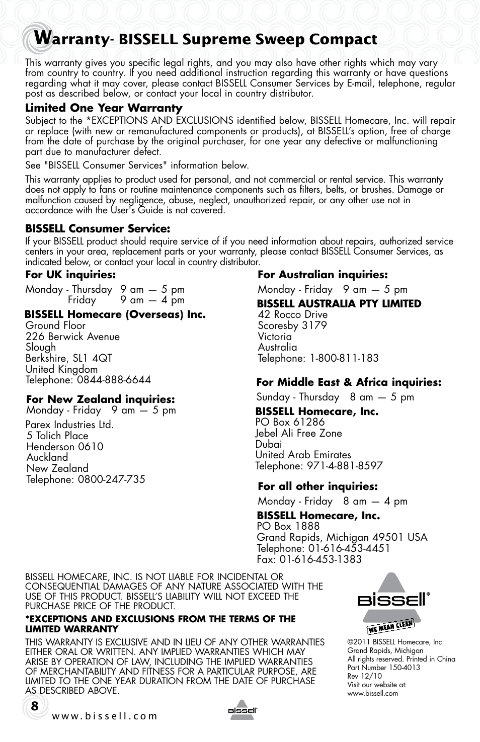 Arranty- bissell supreme sweep compact | Bissell 36U3 User Manual | Page 8 / 8