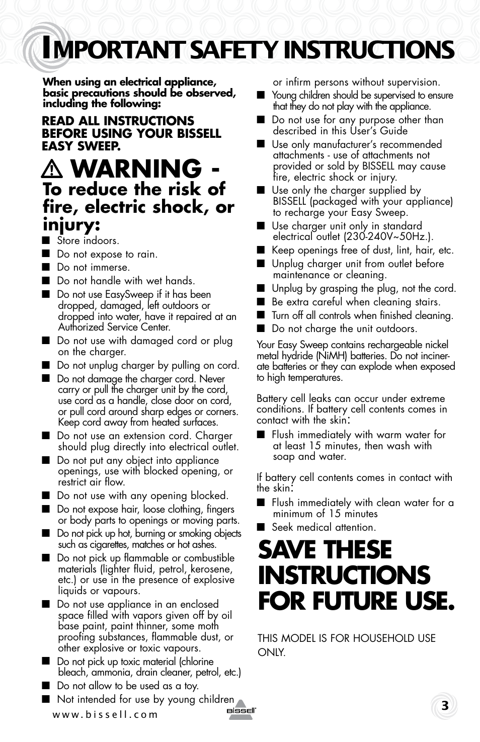 Mportant safety instructions, Warning, Save these instructions for future use | Bissell 53X7 User Manual | Page 3 / 8