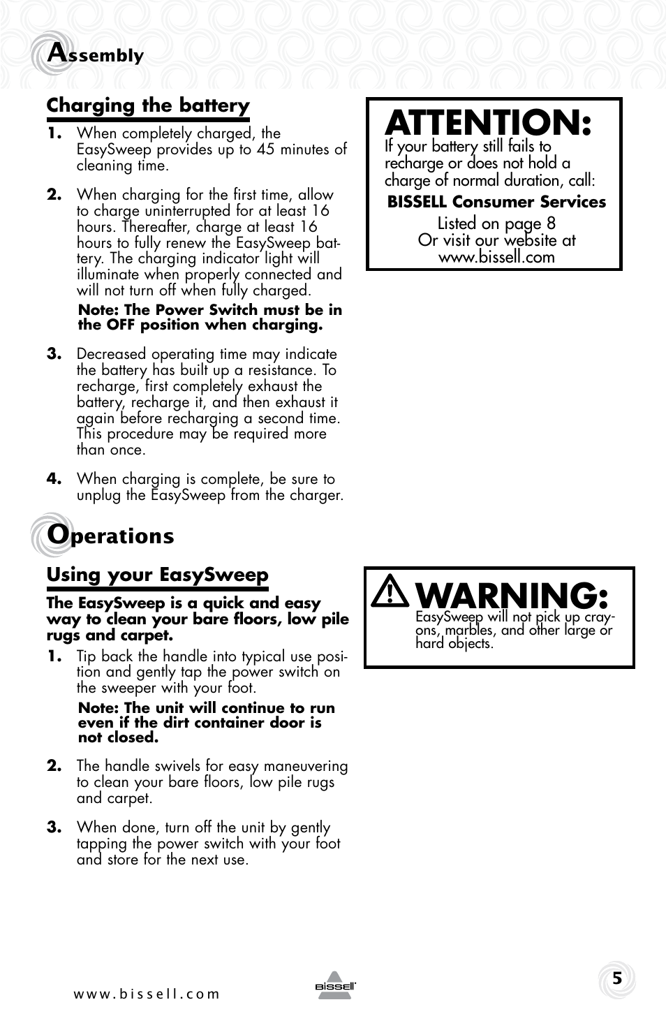 Warning, Attention, Perations | Bissell 53X7 User Manual | Page 5 / 8