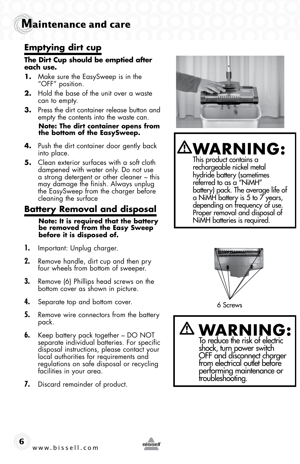 Warning, Aintenance and care | Bissell 53X7 User Manual | Page 6 / 8