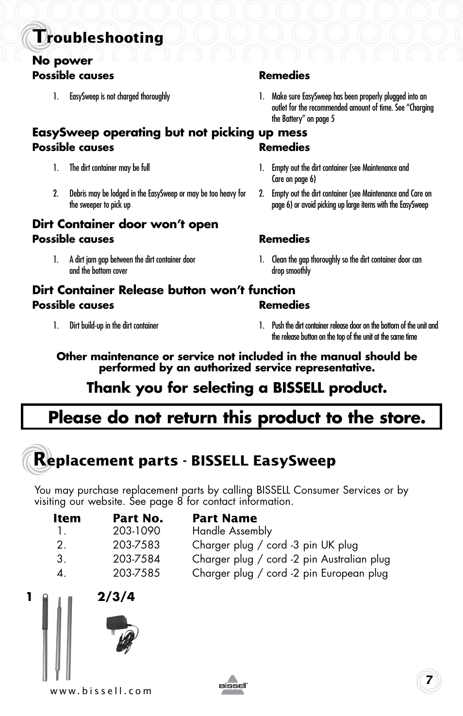 Please do not return this product to the store, Roubleshooting, Eplacement parts - bissell easysweep | Bissell 53X7 User Manual | Page 7 / 8