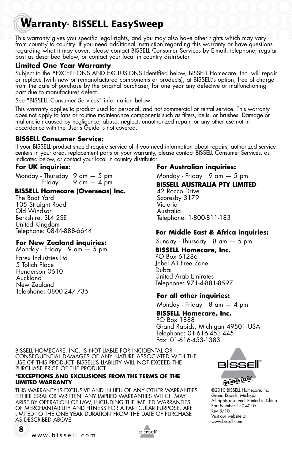 Arranty- bissell easysweep | Bissell 53X7 User Manual | Page 8 / 8