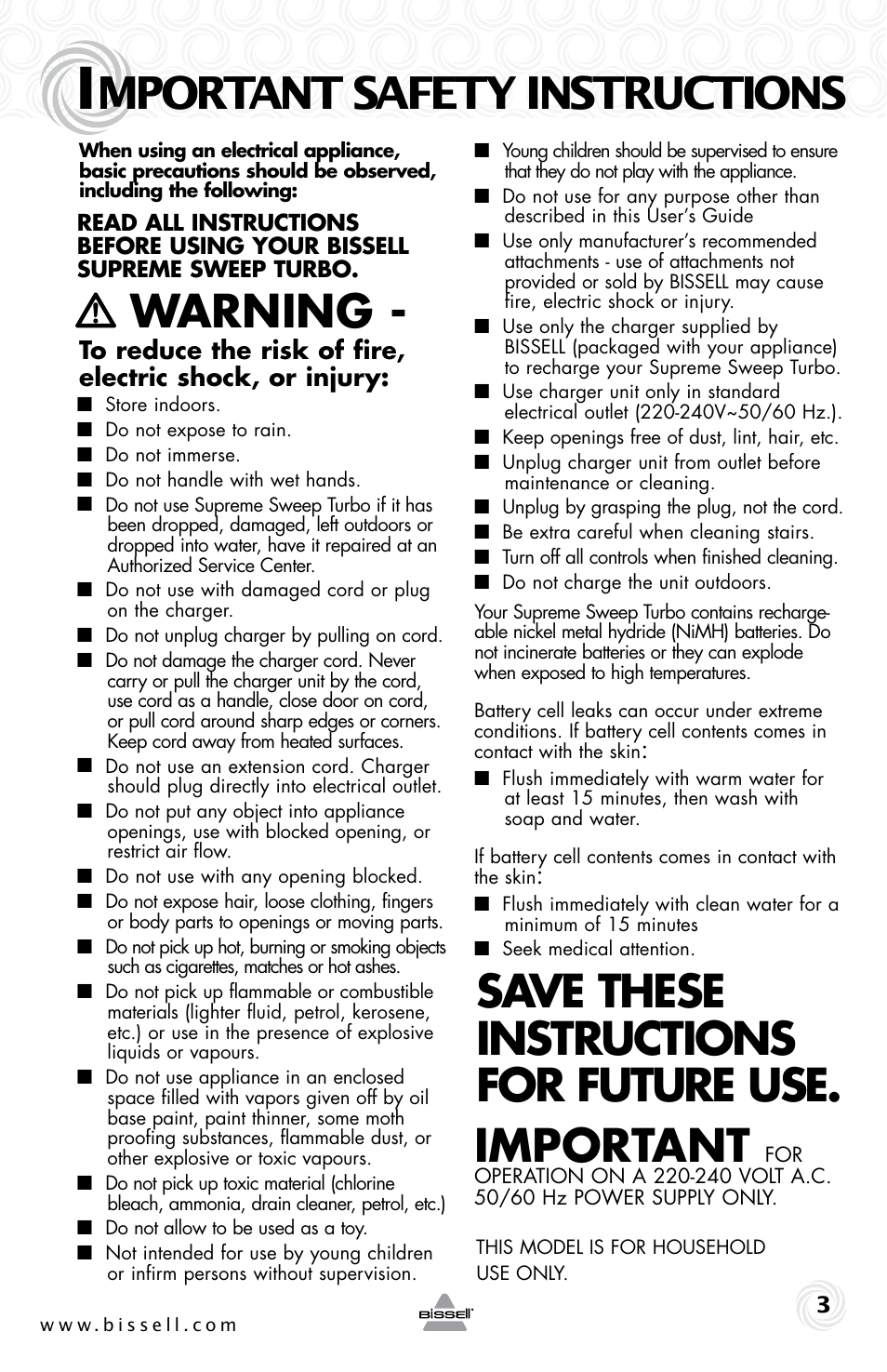 Warning, Save these instructions for future use. important, Mportant safety instructions | Bissell 4105E User Manual | Page 3 / 8