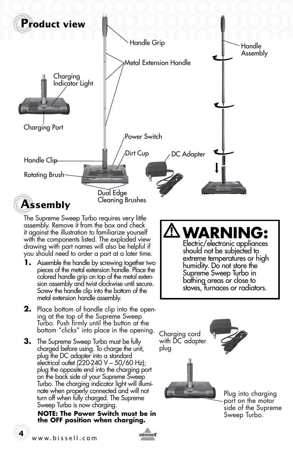Warning, Roduct view, Ssembly | Bissell 4105E User Manual | Page 4 / 8