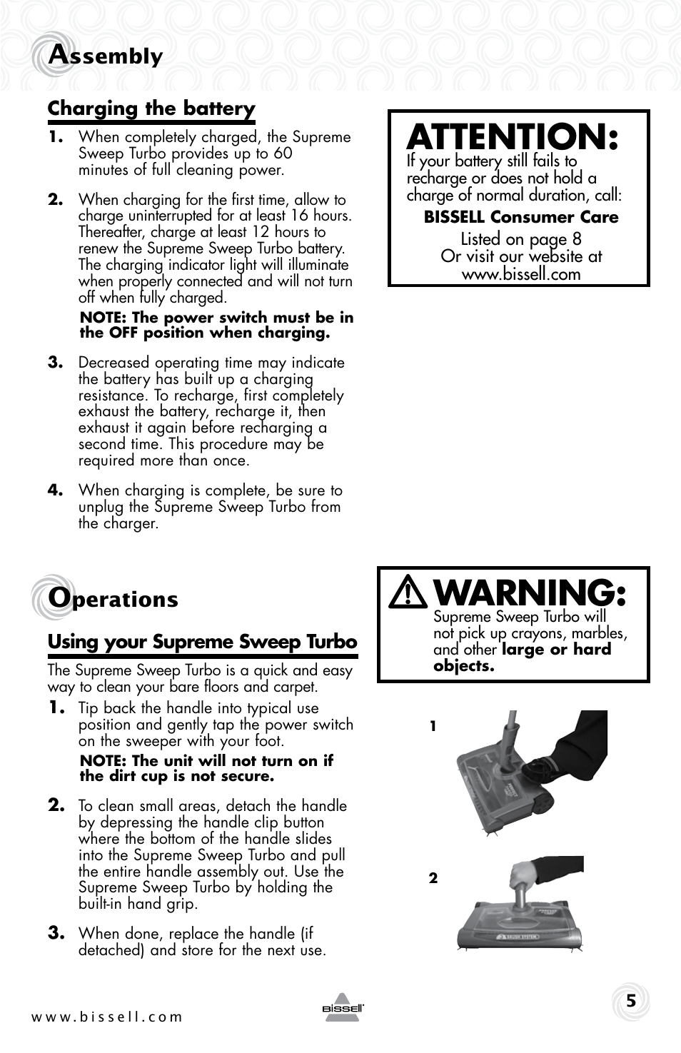 Attention, Warning, Ssembly | Perations | Bissell 4105E User Manual | Page 5 / 8