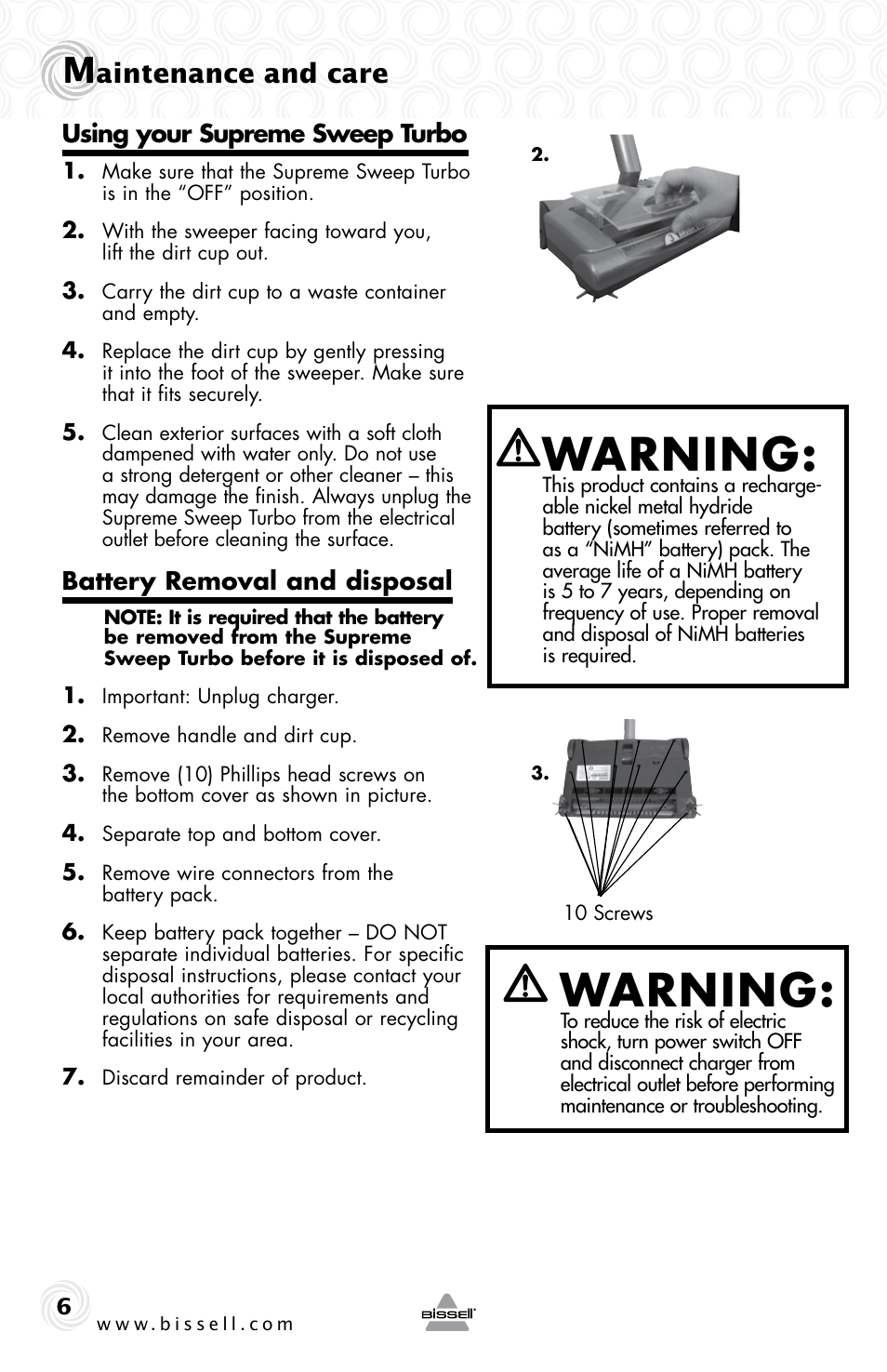 Warning, Aintenance and care | Bissell 4105E User Manual | Page 6 / 8