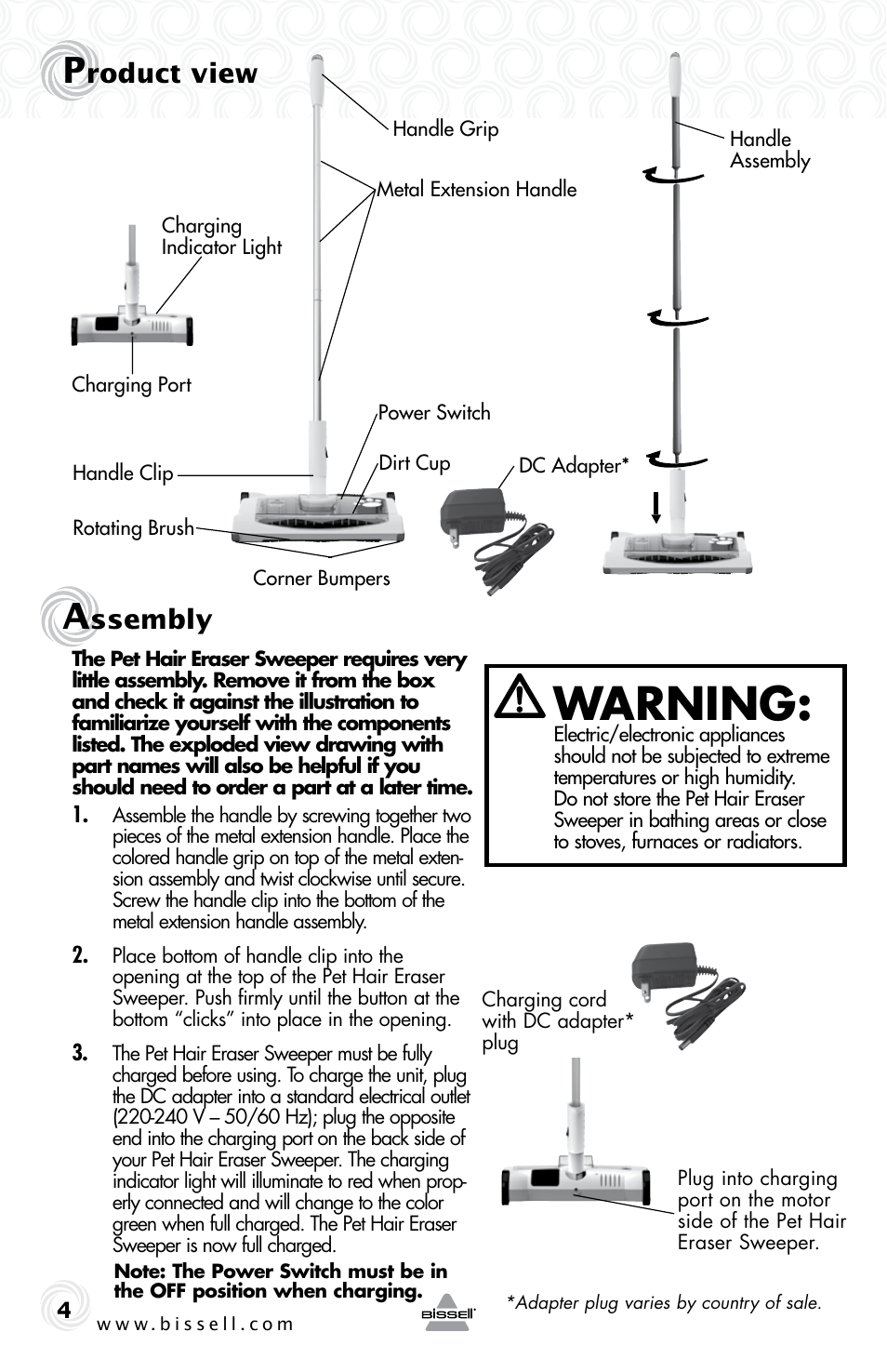 Warning, Roduct view, Ssembly | Bissell 7364e User Manual | Page 4 / 8