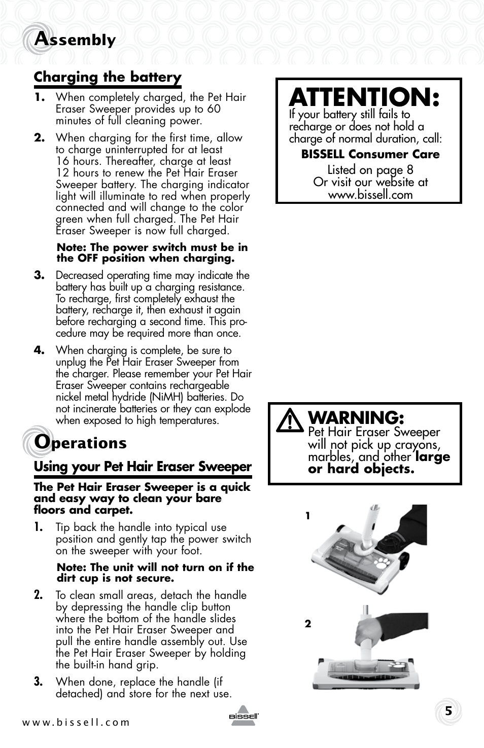 Attention, Warning, Ssembly | Perations | Bissell 7364e User Manual | Page 5 / 8