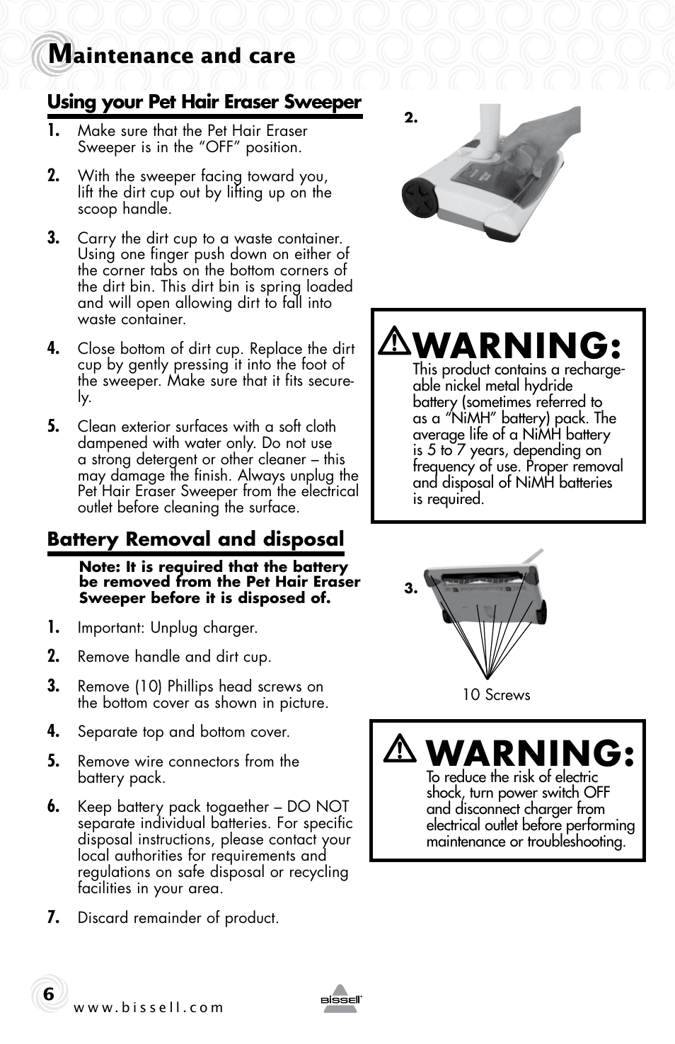 Warning, Aintenance and care | Bissell 7364e User Manual | Page 6 / 8