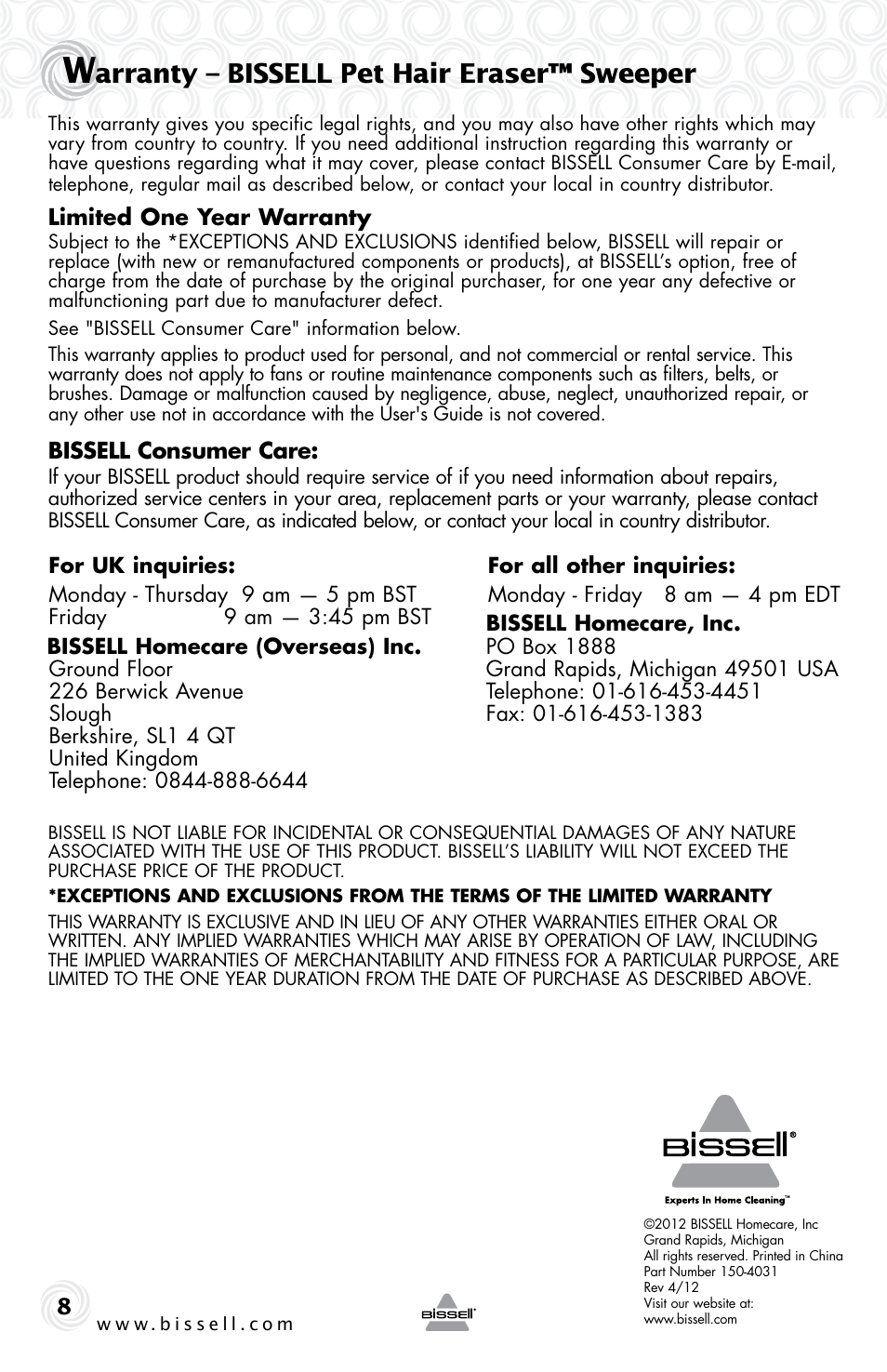 Arranty – bissell pet hair eraser™ sweeper | Bissell 7364e User Manual | Page 8 / 8