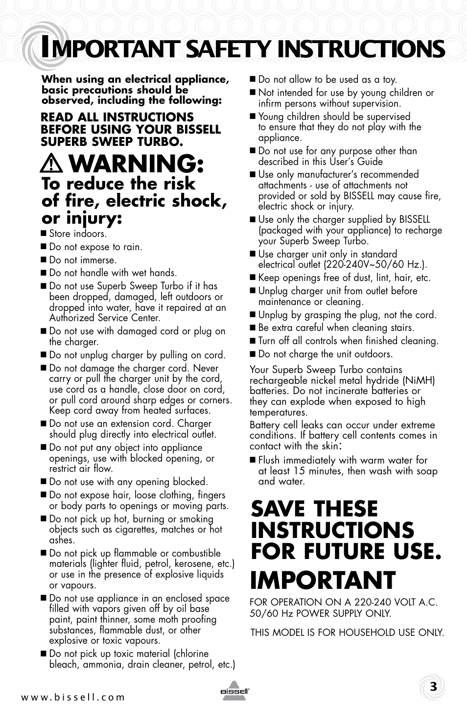 Warning, Important, Mportant safety instructions | Save these instructions for future use | Bissell 9151e User Manual | Page 3 / 8