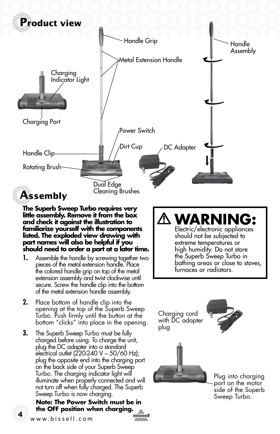Warning, Roduct view, Ssembly | Bissell 9151e User Manual | Page 4 / 8
