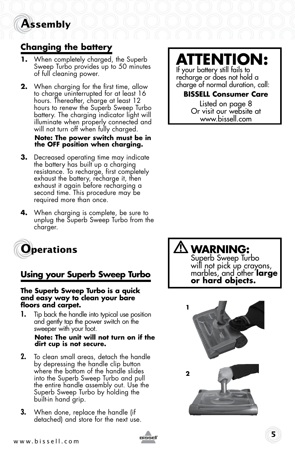 Attention, Warning, Ssembly | Perations | Bissell 9151e User Manual | Page 5 / 8