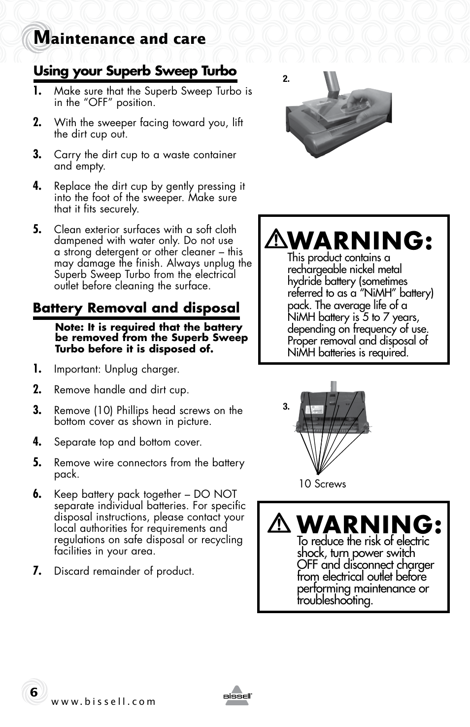 Warning, Aintenance and care | Bissell 9151e User Manual | Page 6 / 8