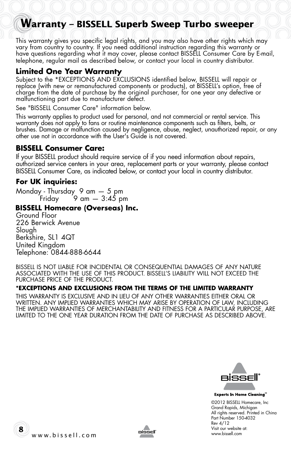 Arranty – bissell superb sweep turbo sweeper, Limited one year warranty, Bissell consumer care | Bissell 9151e User Manual | Page 8 / 8