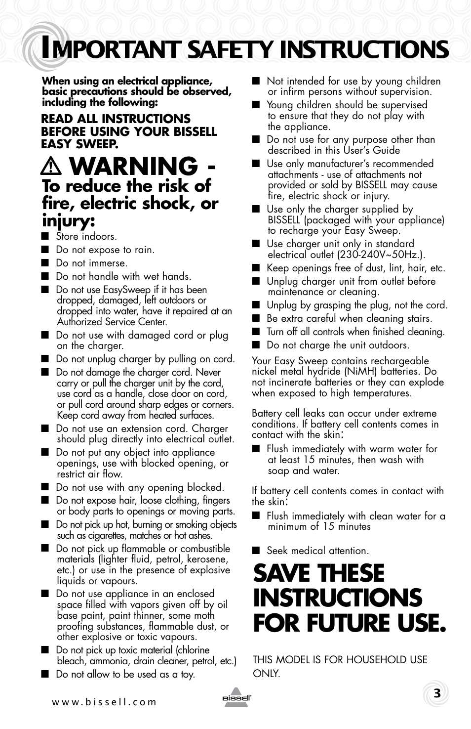 Mportant safety instructions, Warning, Save these instructions for future use | Bissell 9974e User Manual | Page 3 / 8