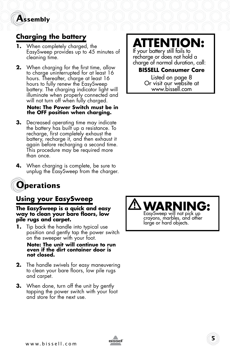 Warning, Attention, Perations | Bissell 9974e User Manual | Page 5 / 8