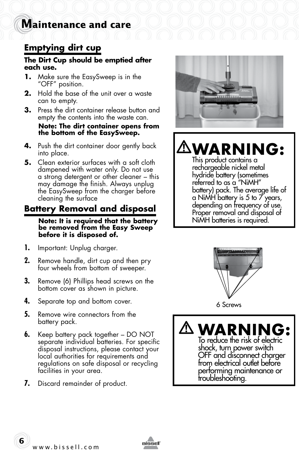 Warning, Aintenance and care | Bissell 9974e User Manual | Page 6 / 8