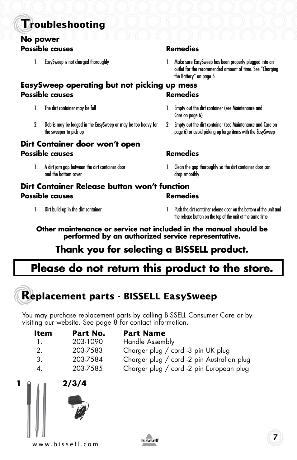 Please do not return this product to the store, Roubleshooting, Eplacement parts - bissell easysweep | Bissell 9974e User Manual | Page 7 / 8