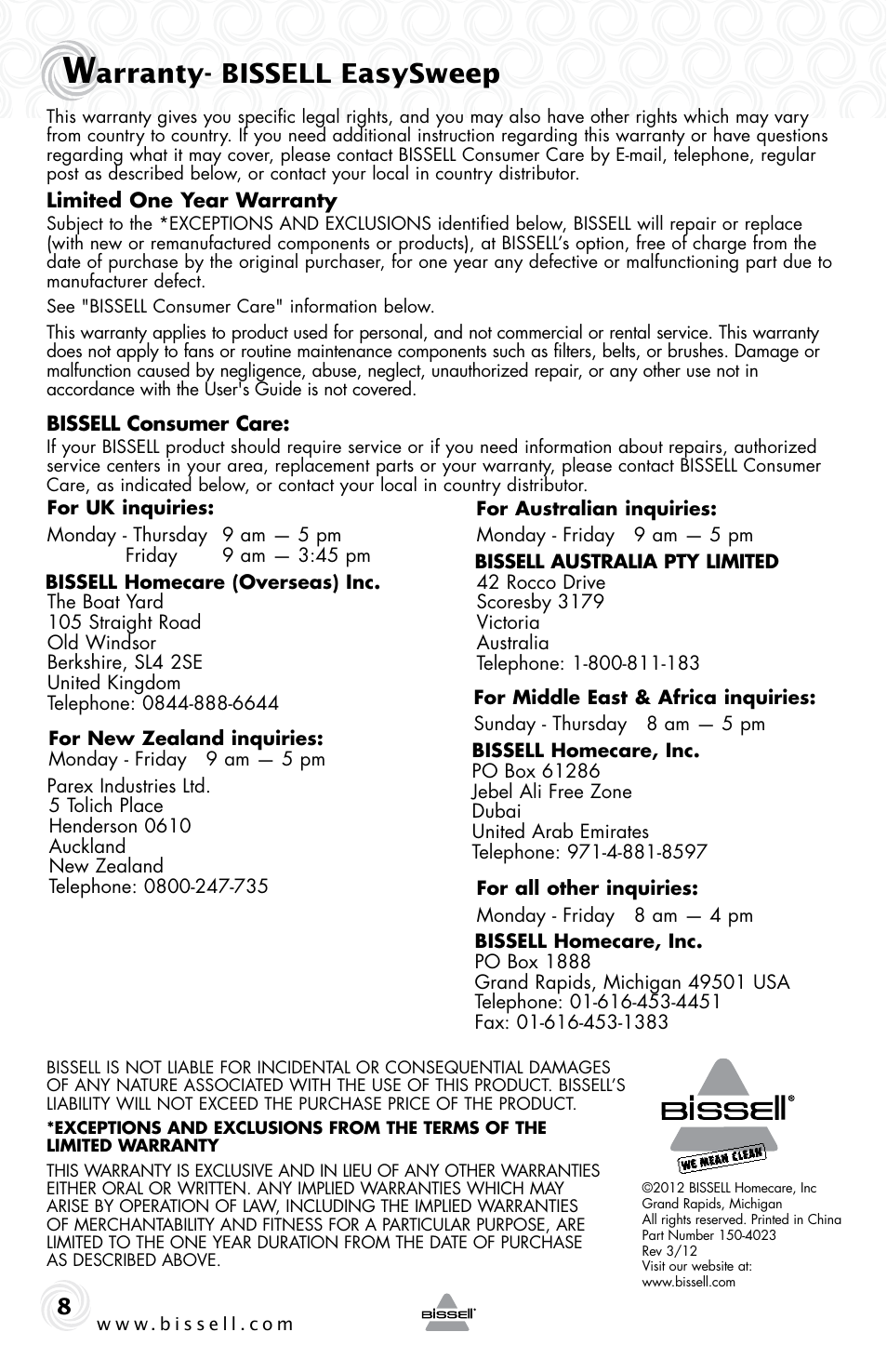 Arranty- bissell easysweep | Bissell 9974e User Manual | Page 8 / 8