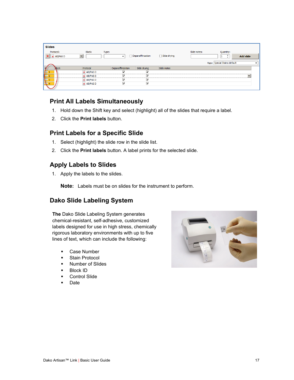 Print all labels simultaneously, Print labels for a specific slide, Apply labels to slides | Dako slide labeling system | Dako Artisan™ Link Pro User Manual | Page 25 / 90