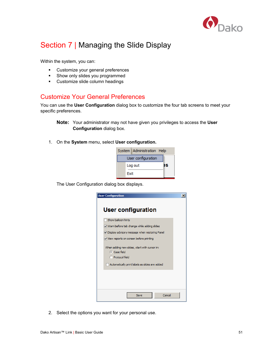 Section 7 | managing the slide display, Customize your general preferences, Section 7: managing the | Slide display | Dako Artisan™ Link Pro User Manual | Page 59 / 90