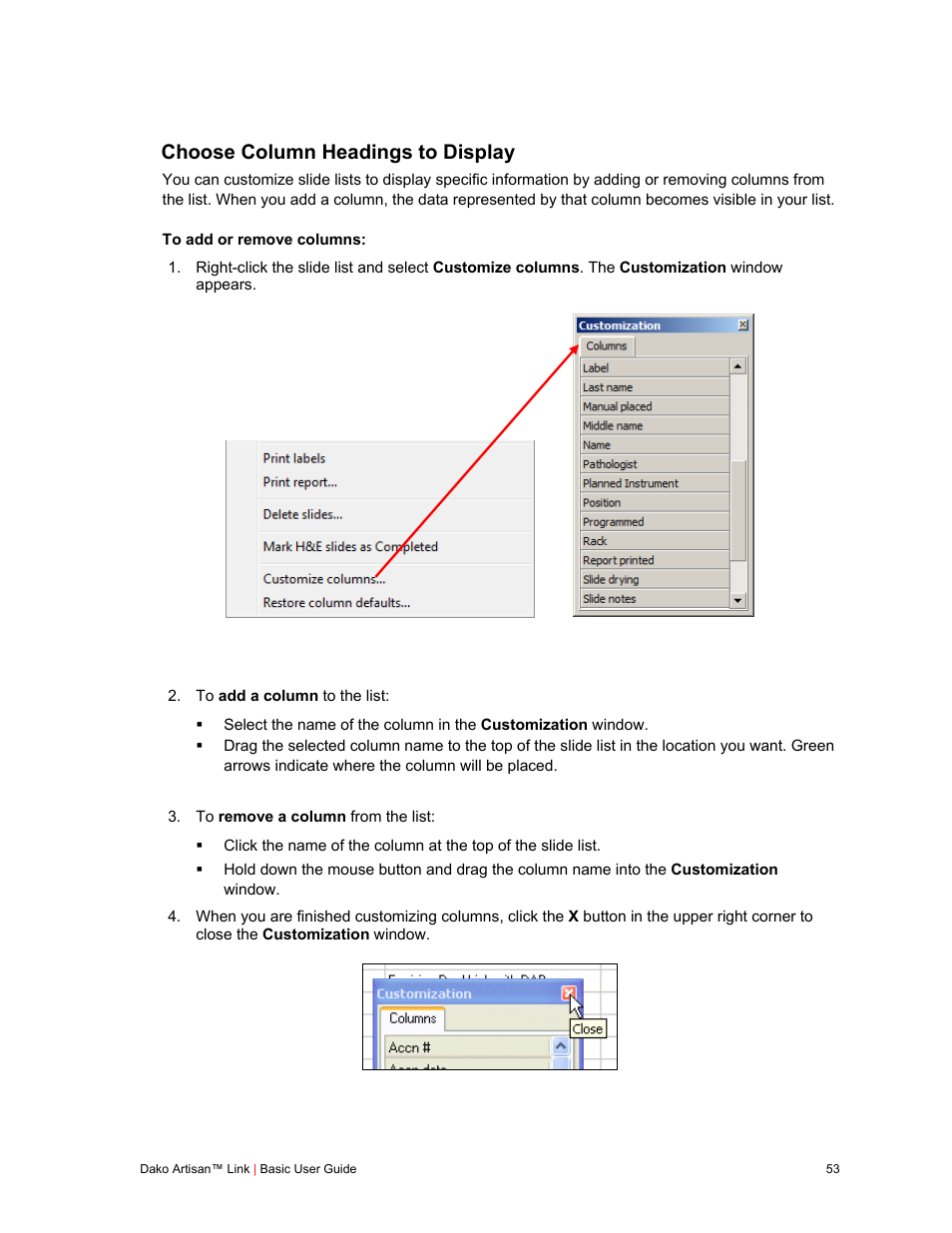 Choose column headings to display | Dako Artisan™ Link Pro User Manual | Page 61 / 90