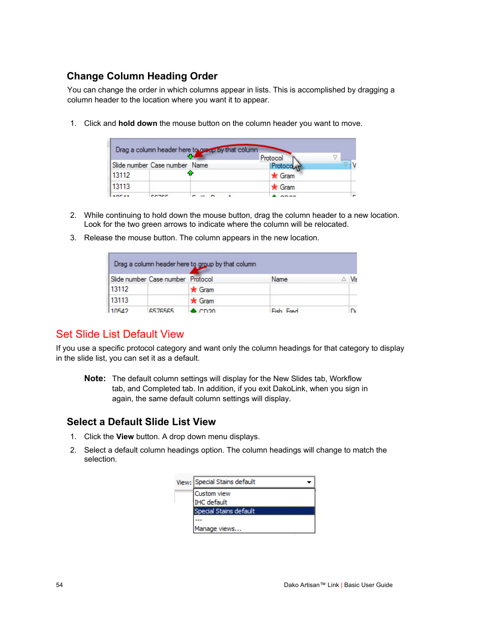 Change column heading order, Set slide list default view, Select a default slide list view | Dako Artisan™ Link Pro User Manual | Page 62 / 90