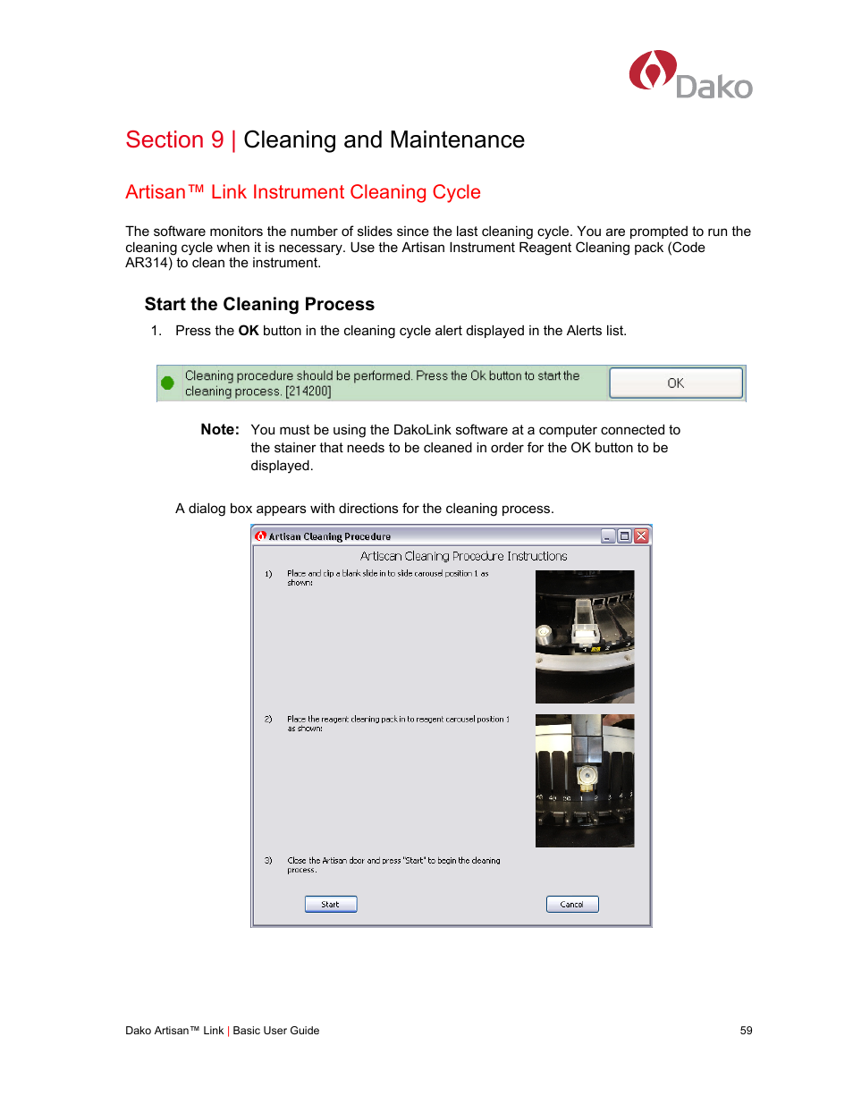 Section 9 | cleaning and maintenance, Artisan™ link instrument cleaning cycle, Start the cleaning process | Dako Artisan™ Link Pro User Manual | Page 67 / 90