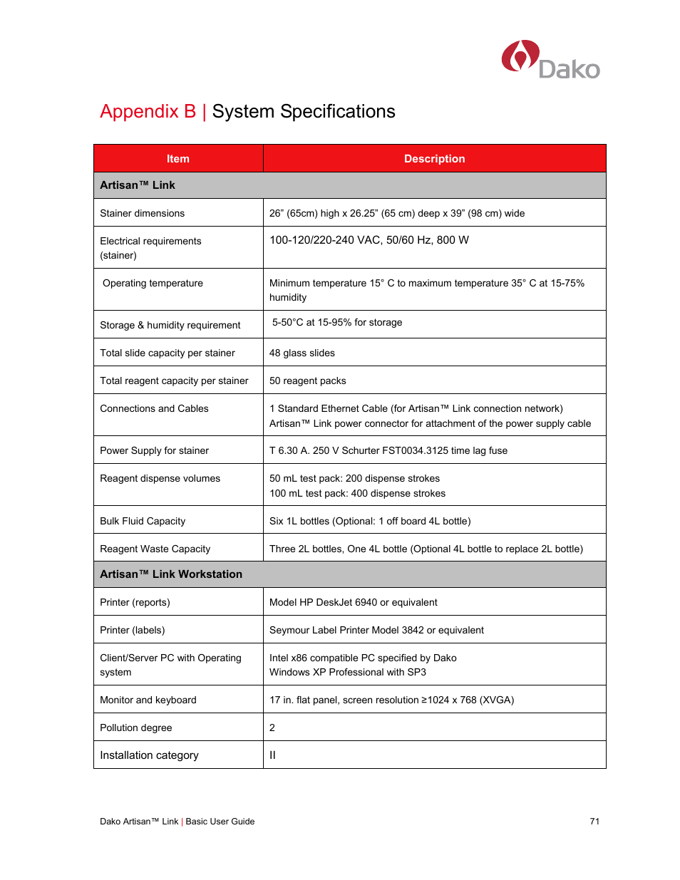 Appendix b | system specifications | Dako Artisan™ Link Pro User Manual | Page 79 / 90