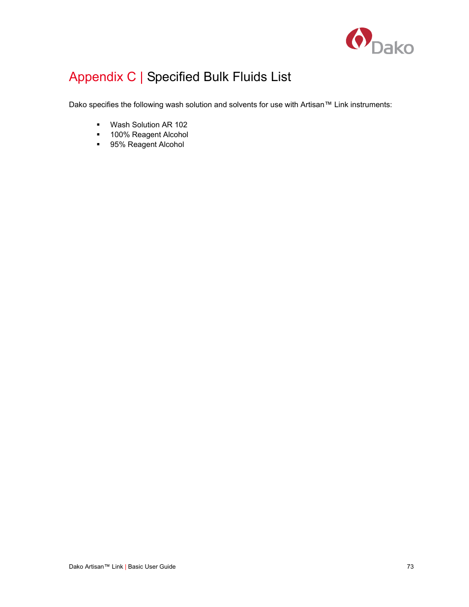 Appendix c | specified bulk fluids list | Dako Artisan™ Link Pro User Manual | Page 81 / 90