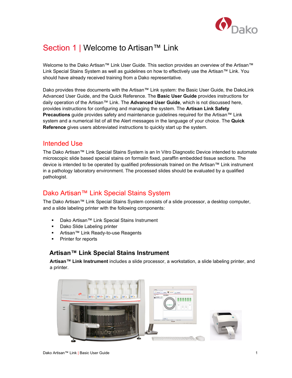 Section 1 | welcome to artisan™ link, Intended use, Dako artisan™ link special stains system | Artisan™ link special stains instrument | Dako Artisan™ Link Pro User Manual | Page 9 / 90