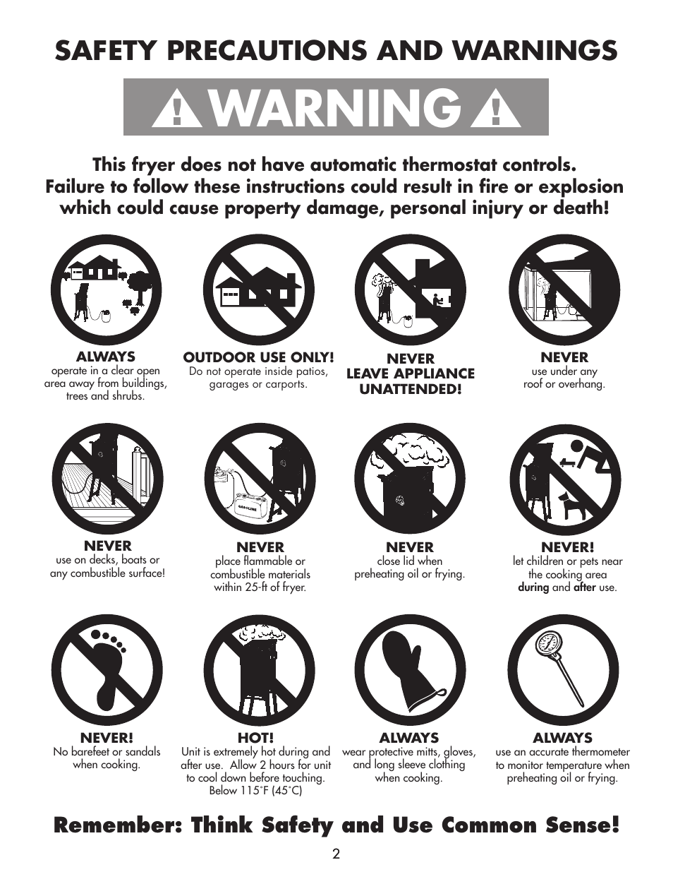 Warning, Safety precautions and warnings, Remember: think safety and use common sense | Bayou Classic 700-701 User Manual | Page 4 / 28